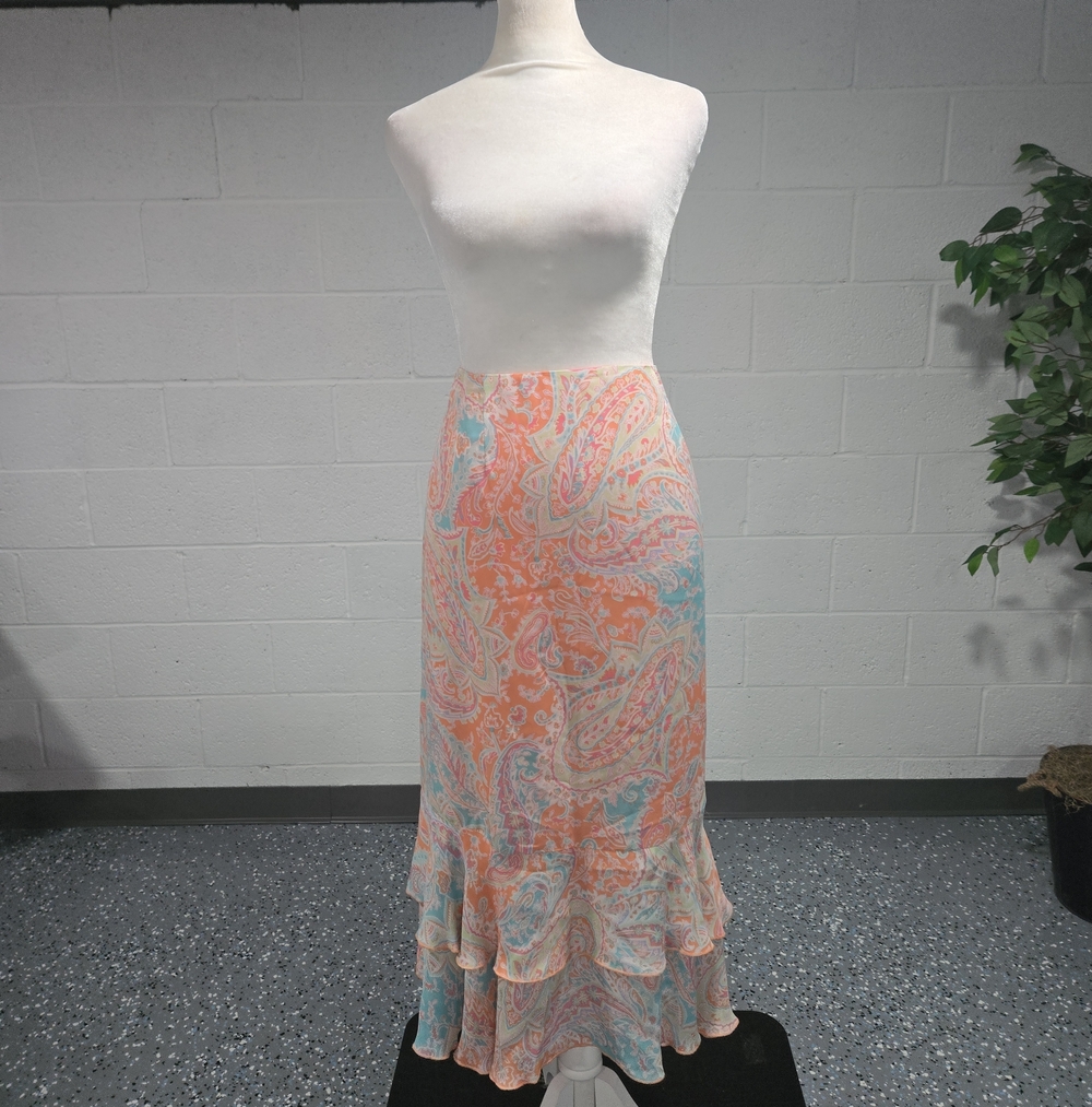 Harold's Y2K 100% Silk Paisley Ruffled Midi Skirt Indie Fairycore Womens Size 12